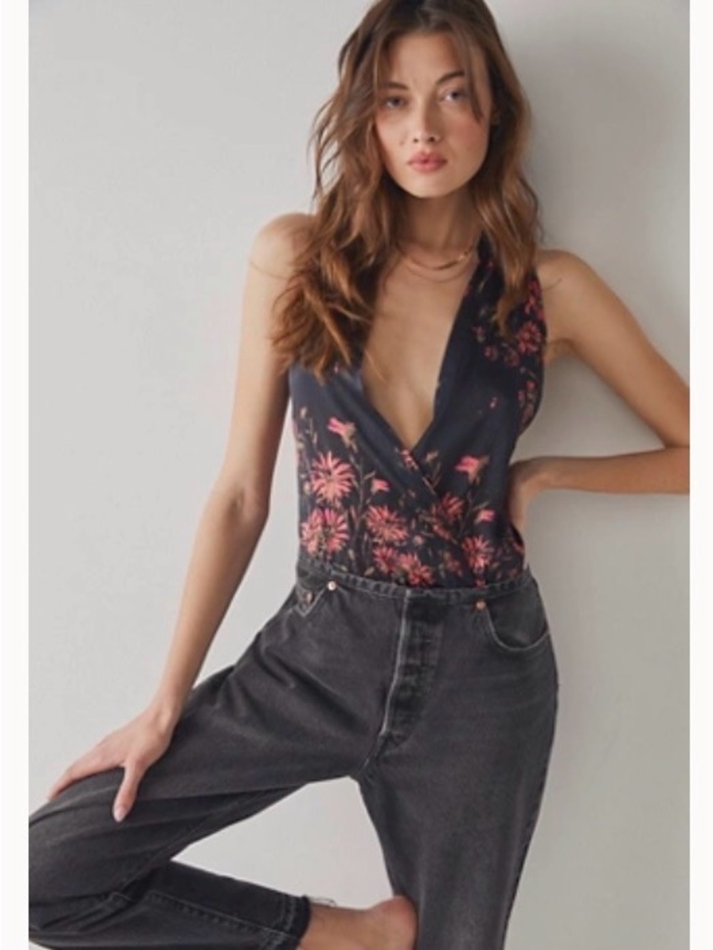 Free People Intimately There She Goes Bodysuit in Black Floral Size M